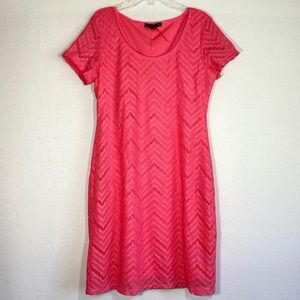 Tiana B Dress M Pink Coral Lined Short Sleeve Lacy Overlay Chevron